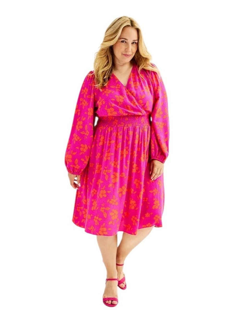Draper James Rayon Dress Fuchsia Long Sleeve Women's Smocked Waist Pockets